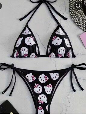 Black Hello Kitty Print Triangle Bikini Set - Pink & White Accents